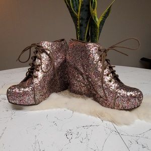 Jeffrey Campbell solid glitter wedge booties